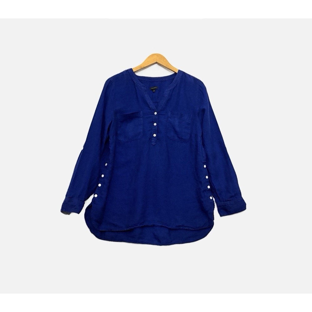Talbots 100% Linen Button Top Sz Large Navy Vacation Beachy Coastal Travel LS